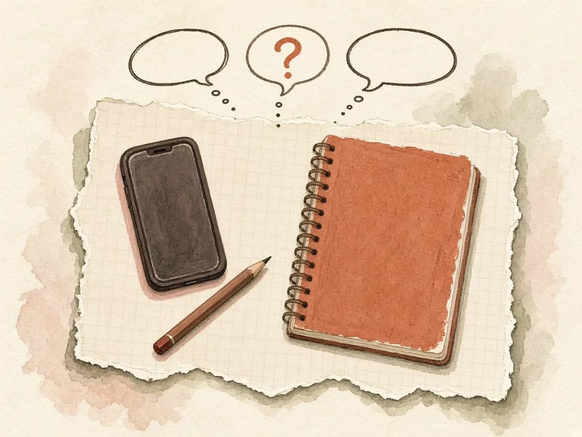 Speech bubbles drawn over a notebook and a phone lying on torn graph paper.